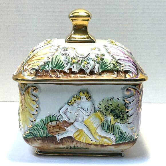 Vintage Handpainted Ceramic Alcobaca Portugal Lidded Dish Cherubs - Picture 2 of 15